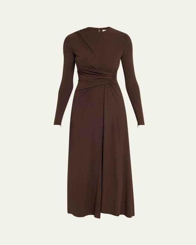 Long-Sleeve Draped Sarong Midi Dress